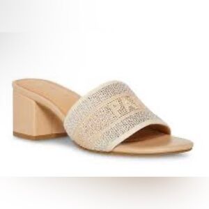 Madden Girl Open Toe Block Heel Mule Slip On Women size 11 Beige Glitter Upper